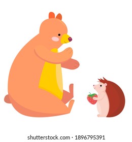 cartoon cute bear and hedgehog sitting opposite each other. the hedgehog gives strawberries to the bear. stock vector illustration on a white background. illustration for printing on children's clothi