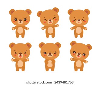 Iconos de emoji de estilo kawaii de oso lindo de dibujos animados. Divertido oso marrón cachorro personaje para los niños. Ilustración vectorial de animales de bosque de anime. Expresiones faciales divertidas: calma, risa, sonrisa, agitación, guiño de ojo.