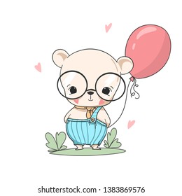 Cartoon cute bear with pink balloon. Hand drawn vector children illustration. Can be used for kids wear fashion design, t-shirt print, baby card
