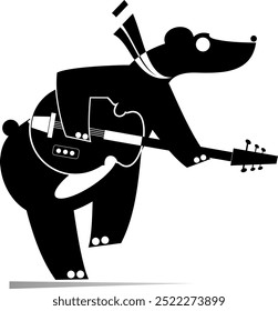 Cartoon cute bear playing music on guitar. 
Cute bear playing guitar and singing. Black and white illustration
