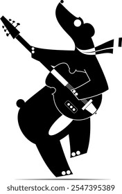 Oso lindo de la historieta que juega música en la guitarra. Lindo oso tocando la guitarra y cantando. Ilustración en blanco y negro	