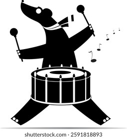 Cartoon cute bear playing music on the big drum. 
Cute bear beats the big drum. Black and white illustration
