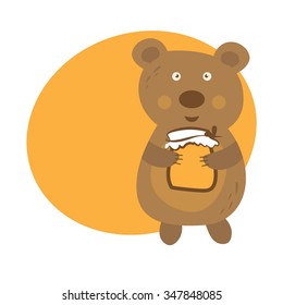 Cartoon cute bear with pot of honey. Vector