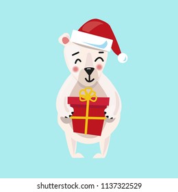 Cartoon cute bear with a present. Christmas greeting card. Vector illustration.