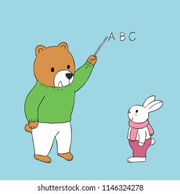 Cartoon cute bear and rabbit teaching vector.