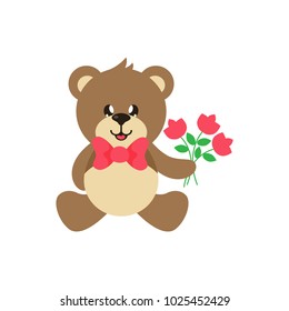 cartoon cute bear sitting with tie and flowers