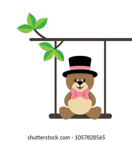 cartoon cute bear with tie and hat on a swing and on a branch