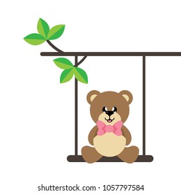 cartoon cute bear with tie on a swing and on a branch