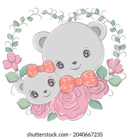 Cartoon cute bears for invitations and baby cards. Illustration of a bear and a teddy bear with flowers around. Bear isolated illustration. Kawaii cute bear cartoon