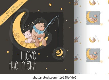 cartoon cute bears on the moon seamless pattern