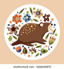 Cartoon cute beaver forest vector animal card in a flat scandinavian style. Woodland hand drawing funny nature round vintage illustration.