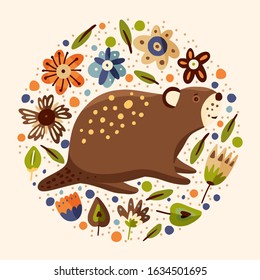 Cartoon cute beaver forest vector animal card in a flat scandinavian style. Woodland hand drawing funny nature round vintage illustration.