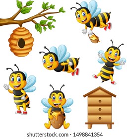 Cartoon cute bee and beehive. vector illustration