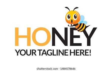 Cartoon Cute bee with big company lettering for nature honey organic product business - vector mascot isolated