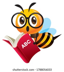 Cartoon cute bee with big glasses mascot carrying a red study book. Bee back to school - Vector character