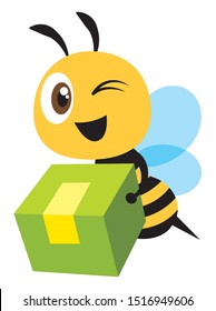 Cartoon cute bee carries a big green box for delivery service - Flat art vector mascot character