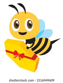 Cartoon cute bee carries a huge honeycomb for delivery. Honeycomb gimmick for customer. Flat art vector character