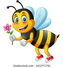 Cartoon cute bee carry flower. vector illustration
