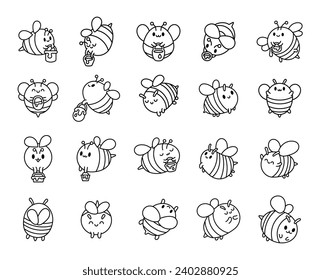 Cartoon cute bee character. Coloring Page. Kawaii insect holding honey pot. Hand drawn style. Vector drawing. Collection of design elements.