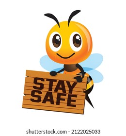 Cartoon cute bee character finger pointing to stay safe wooden signboard. Character illustration