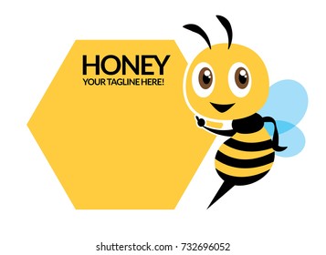 Cartoon cute bee character, flat vector mascot, pointing signboard - flat vector