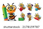 Cartoon cute bee character with glasses back to school series with different poses. Cute Bee holding pencil, holding book, carry blackboard and globe. Vector mascot set collection