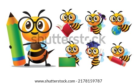 Cartoon cute bee character with glasses back to school series with different poses. Cute Bee holding pencil, holding book, carry blackboard and globe. Vector mascot set collection