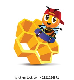 Cartoo lindo personaje de abeja jugando al skateboard con panal de miel 3D. Ilustración de caracteres