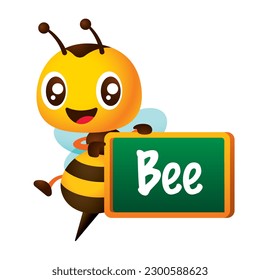 Cartoon cute bee character pointing on blackboard. Back to school theme. Cartoon vector mascot
