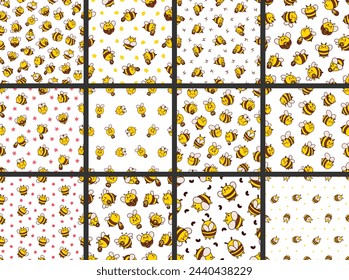 Dibujo animado lindo personaje de abeja. Patrón sin costuras. Insecto Kawaii sosteniendo una olla de miel. Estilo dibujado a mano. Dibujo vectorial. Dibujo vectorial. Colección de adornos de diseño.