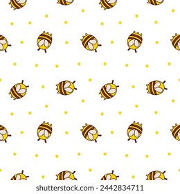 Cartoon cute bee character. Seamless pattern. Kawaii insect holding honey pot. Hand drawn style. Vector drawing. Design ornaments.