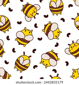 Cartoon cute bee character. Seamless pattern. Kawaii insect holding honey pot. Hand drawn style. Vector drawing. Design ornaments.