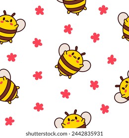 Cartoon cute bee character. Seamless pattern. Kawaii insect holding honey pot. Hand drawn style. Vector drawing. Design ornaments.