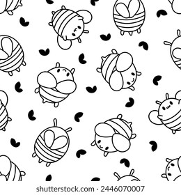 Cartoon cute bee character. Seamless pattern. Coloring Page. Kawaii insect holding honey pot. Hand drawn style. Vector drawing. Design ornaments.