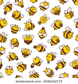 Cartoon cute bee character. Seamless pattern. Kawaii insect holding honey pot. Hand drawn style. Vector drawing. Design ornaments.