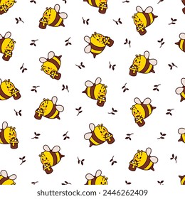 Cartoon cute bee character. Seamless pattern. Kawaii insect holding honey pot. Hand drawn style. Vector drawing. Design ornaments.