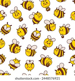 Cartoon cute bee character. Seamless pattern. Kawaii insect holding honey pot. Hand drawn style. Vector drawing. Design ornaments.