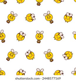 Cartoon cute bee character. Seamless pattern. Kawaii insect holding honey pot. Hand drawn style. Vector drawing. Design ornaments.