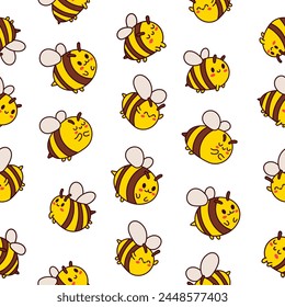 Cartoon cute bee character. Seamless pattern. Kawaii insect holding honey pot. Hand drawn style. Vector drawing. Design ornaments.