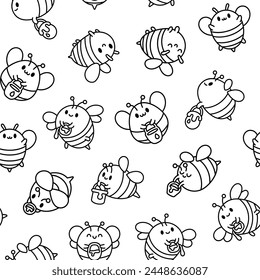 Cartoon cute bee character. Seamless pattern. Coloring Page. Kawaii insect holding honey pot. Hand drawn style. Vector drawing. Design ornaments.