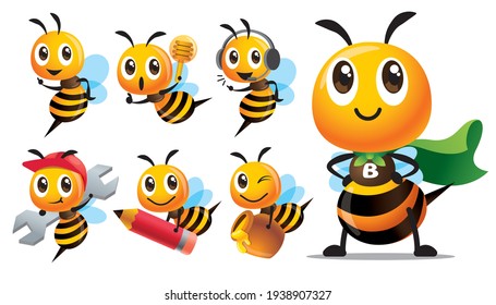 Cartoon cute bee character series with different type of poses. Cute Bee with superhero costume, holding pencil, holding honey dripper and honey pot, holding spanner - mascot set
