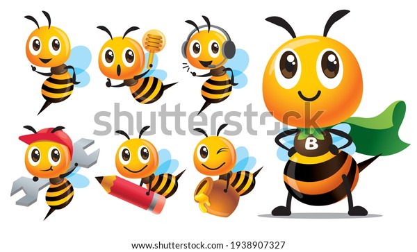 Cartoon cute bee
character series with different type of poses. Cute Bee with
superhero costume, holding pencil, holding honey dripper and honey
pot, holding spanner - mascot
set