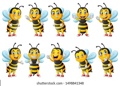 Cartoon Cute Bee Character Set. Vector Illustration