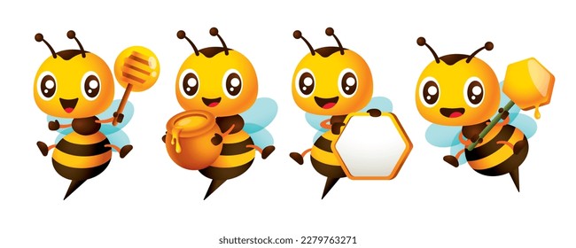 Caricatura adorable serie de personajes de abejas con diferentes poses. Abeja con miel, cartón de abeja y olla de miel. Colección de conjuntos de mascotas de vectores