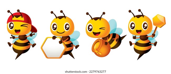 Cartoon cute bee character set series with different poses. Cute Bee holding honey dipper, honeycomb signboard and honey pot, show peace hand sign. Vector mascot set collection