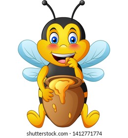 Cartoon cute bee with clay pot full of honey. vector illustration
