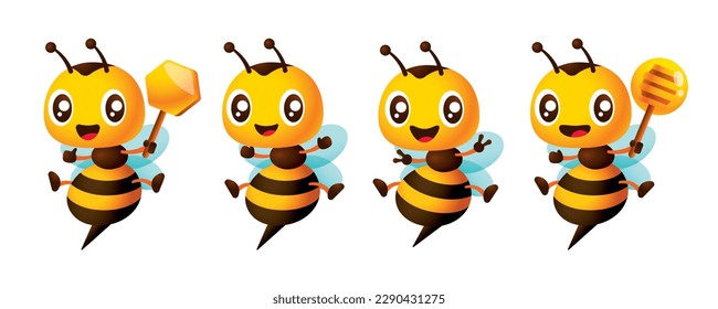 Cartoon cute bee with different poses mascot set holding honeycomb, honey dipper and victory sign gesture vector illustration colleection