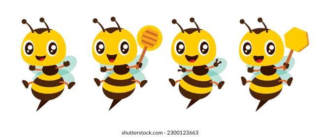 Cartoon cute bee with different poses mascot set holding honeycomb, honey dipper and victory sign gesture illustration collection flat design vector