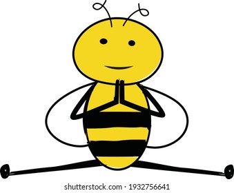 Cartoon cute bee doing split. Peaceful bee in a yoga pose.