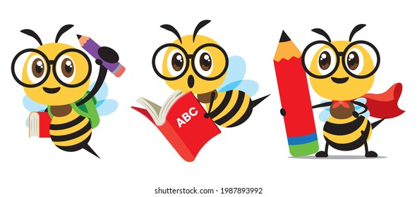 Cartoon cute bee education back to school set with holding a huge learning book and big pencils. Superhero Bee wear cloak back to school flat design	
